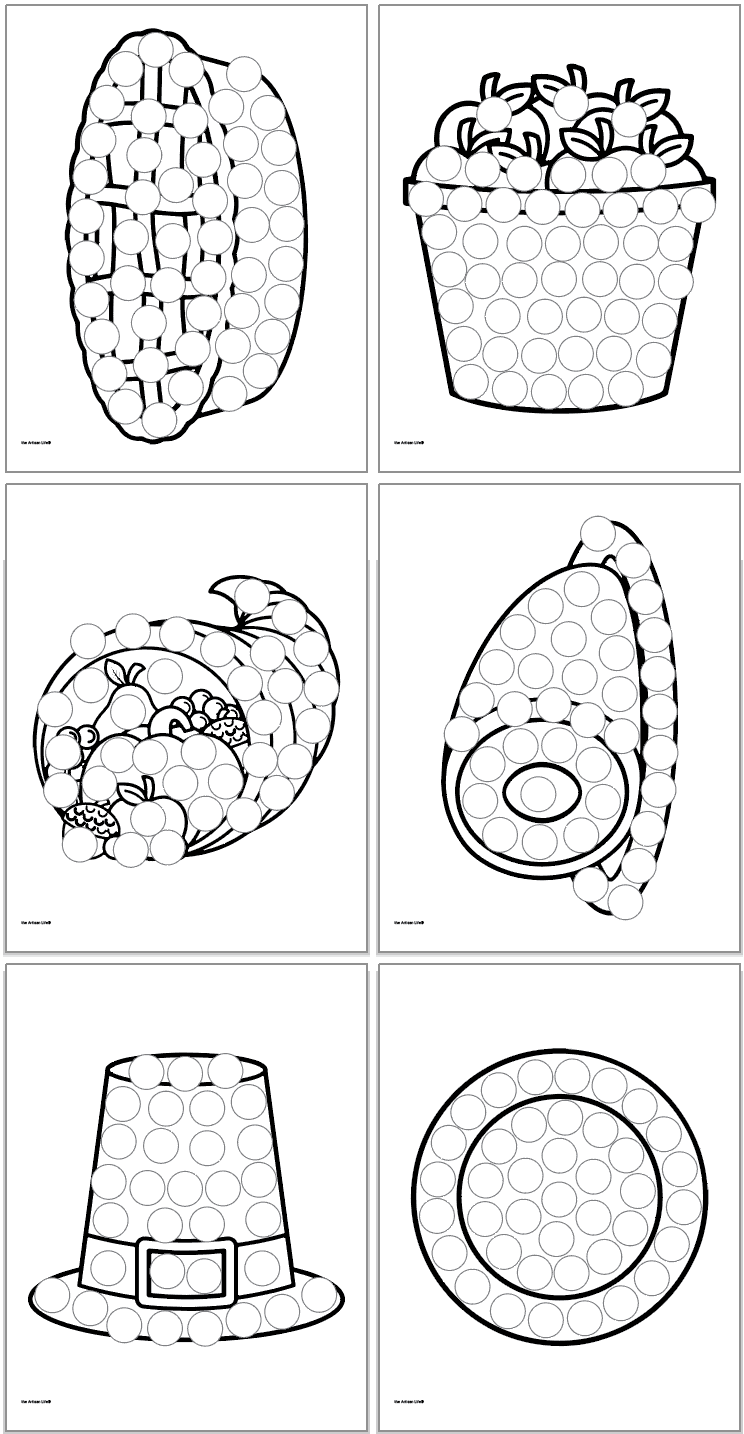 Six dot marker coloring pages for Thanksgiving including an apple pie, basket of apples, cornucopia, a ham, a hat, and a dinner plate