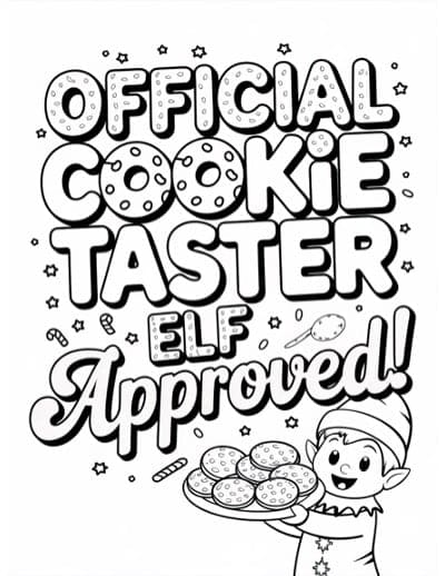 an elf coloring page with text "official cookie taster"