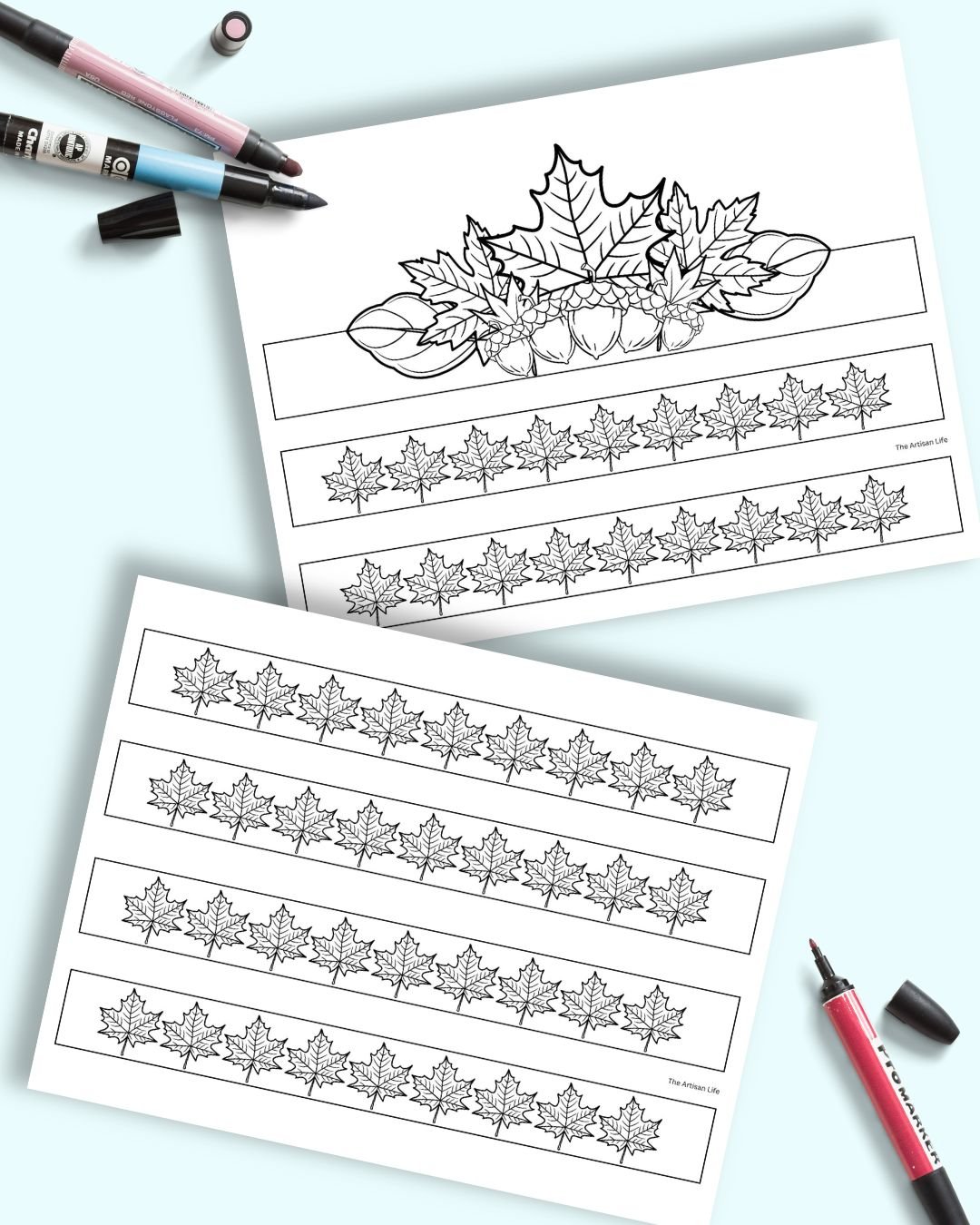 A preview of two printable fall headband craft pages. One has a crown craft with acorns and leaves. The second page has extra bands for making bracelets.