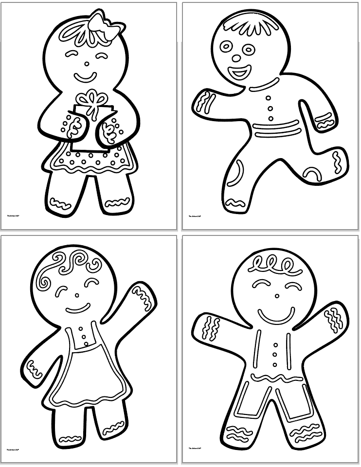 Four gingerbread man coloring pages for kids