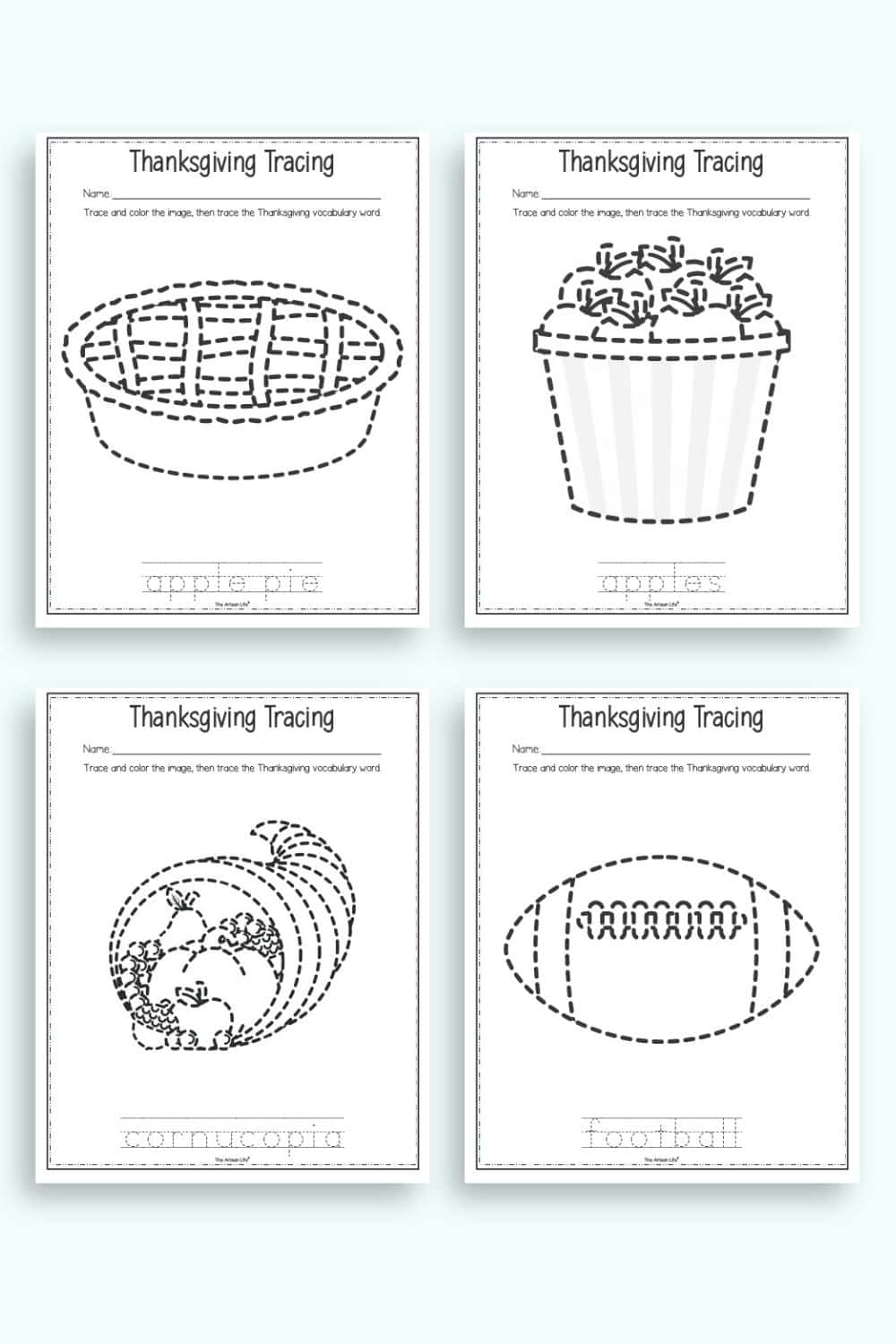 Four Thanksgiving trace and color pages with handwriting practice 