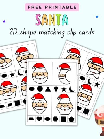 Text "free printable Santa 2D shape matching clip cards" with a preview of there pages with four cards each