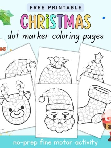 Text "free printable Christmas dot marker coloring pages - no prep fine motor activity" with a preview of six dot painting pages