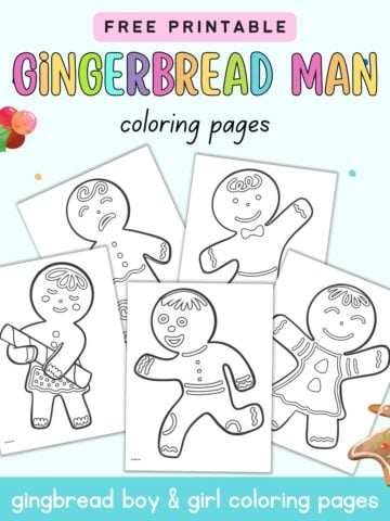 Text "free printable gingerbread man coloring pages - gingerbread boy & girl coloring pages" with a preview of five gingerbread man coloring sheets