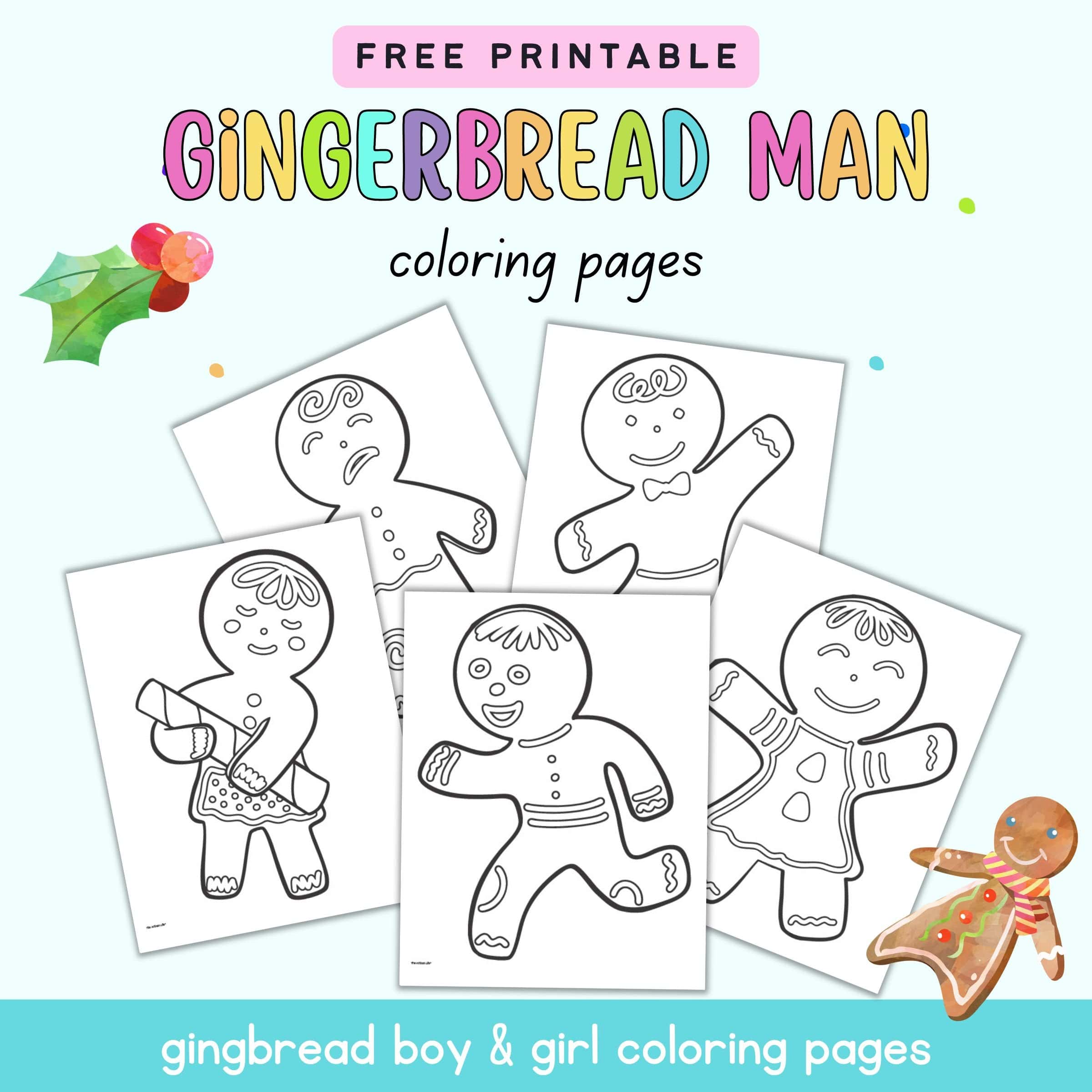 Text "free printable gingerbread man coloring pages - gingerbread boy & girl coloring pages" with a preview of five gingerbread man coloring sheets