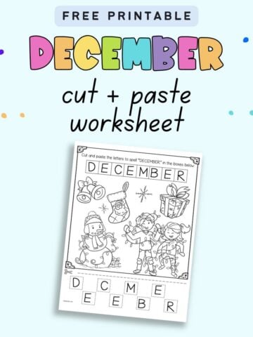 Text "free printable December cut and paste worksheet" with a preview of a coloring page with letter tiles to cut out and spell December.