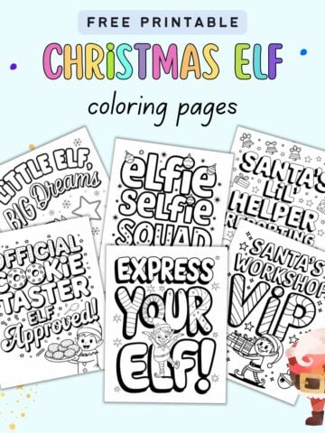 Text "free printable Christmas elf coloring pages" with a. preview of six cute elf coloring sheets for kids