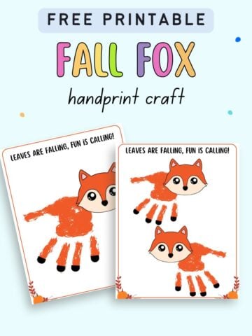 Text "free printable fall fox handprint craft" with a preview of two pages of fall handprint craft printable.