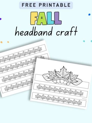 text "free printable fall headband craft" with a preview of two pages of headband craft printable showing leaves and acorns