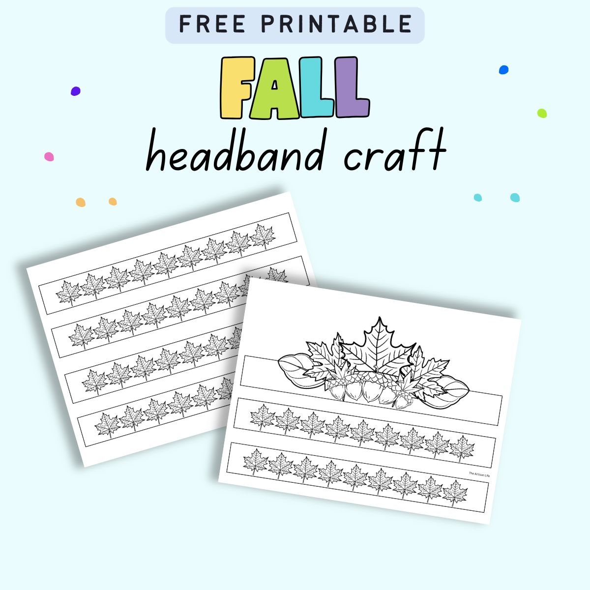 text "free printable fall headband craft" with a preview of two pages of headband craft printable showing leaves and acorns