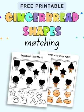 Text "free printable gingerbread shapes matching" with a. preview of two pages of gingerbread man shape matching cut and paste worksheet. One is color and the other black and white.