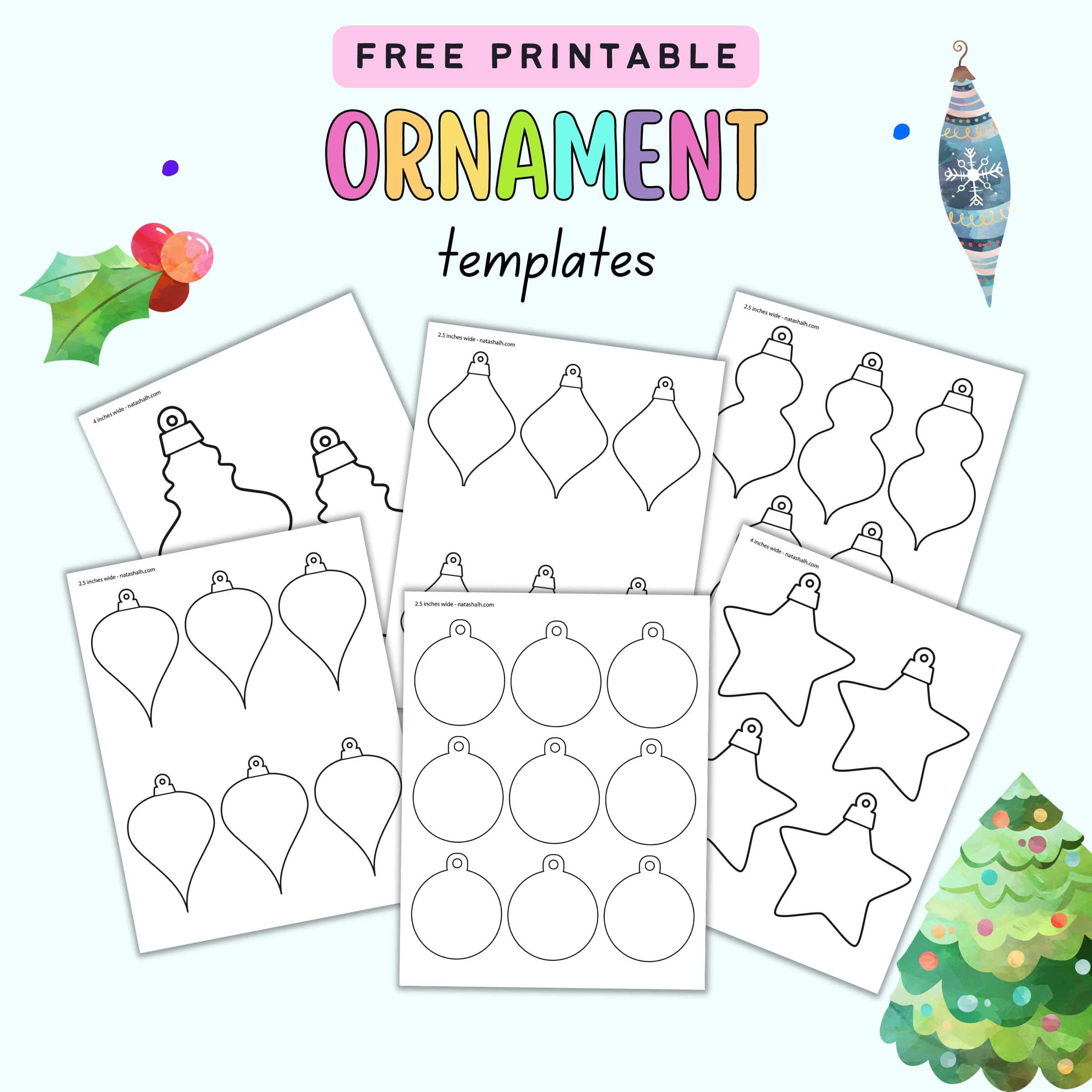 text "free printable ornament templates" with a preview of six pages of ornament template printables