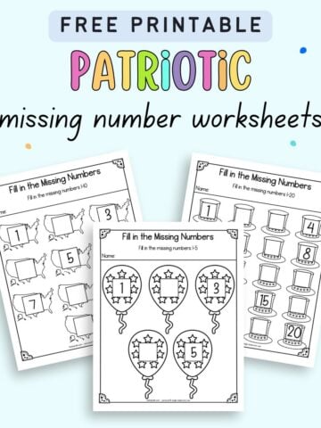 Text "free printable patriotic missing number worksheets" with missing number worksheets showing 1-5, 1-10, and 1-20