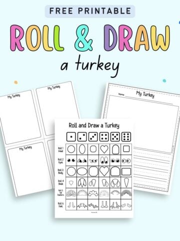 Text "free printable roll and draw a turkey" with a preview of three pages. One has instructions and two are for drawing a turkey on.