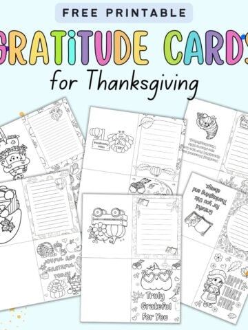 Text "free download gratitude cards for Thanksgiving' with a preview of six gratitude card printabels