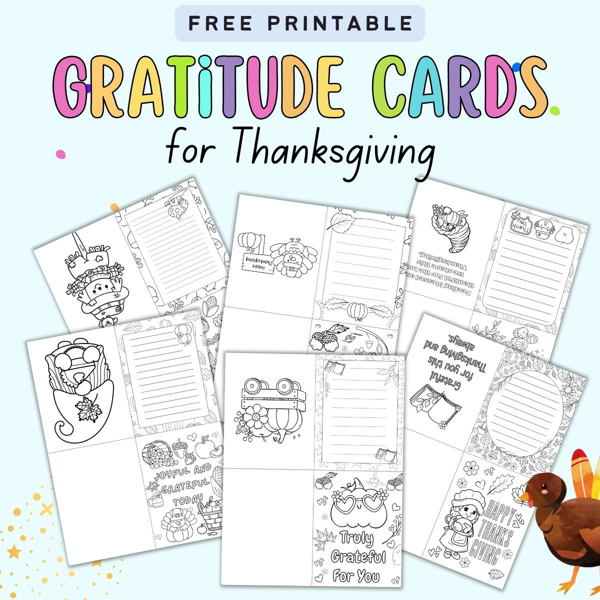 Text "free download gratitude cards for Thanksgiving' with a preview of six gratitude card printabels