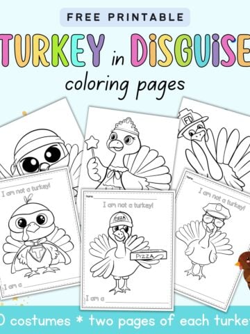 Text "free printable turkey in disguise coloring pages" with a preview of six coloring pages showing turkeys in costumes