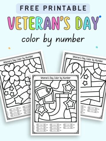 Text "free printable veteran's day color by number" with a preview of three color by number sheets with numbers 1-9