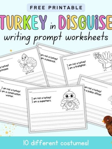 Text "free printable turkey in disguise writing prompt worksheets" with a preview of six worksheets