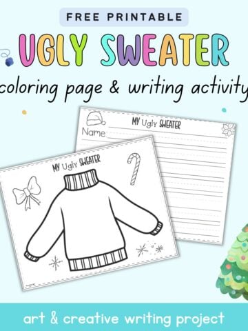 text "free printable ugly sweater coloring page and wiring activity" with a preview of an ugly Christmas sweater design page and a page of writing paper