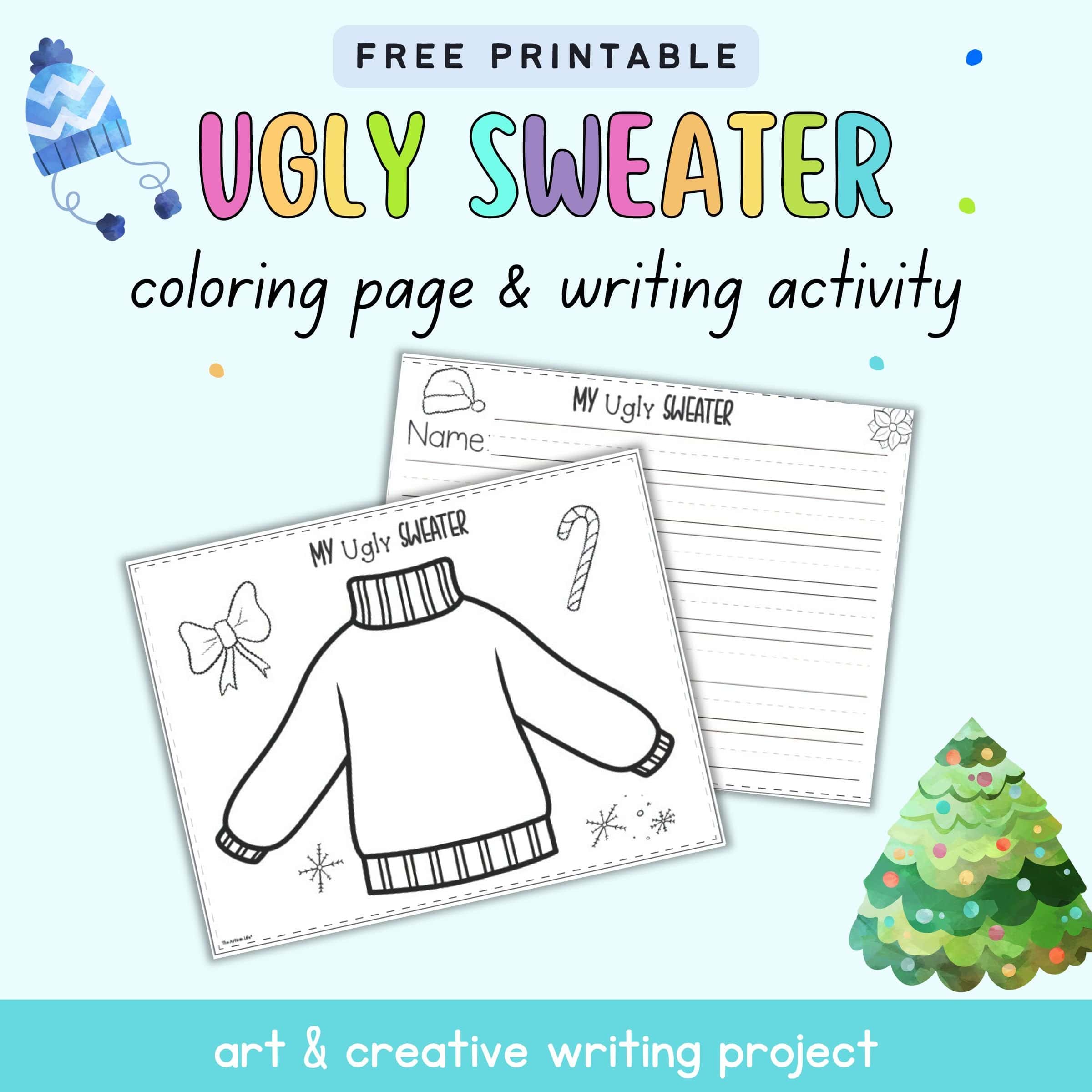 text "free printable ugly sweater coloring page and wiring activity" with a preview of an ugly Christmas sweater design page and a page of writing paper