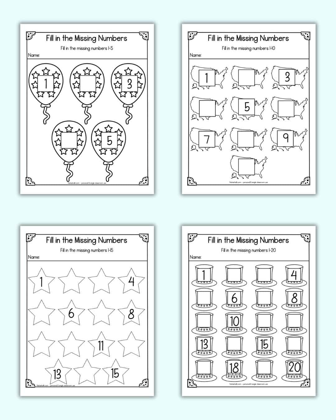 Four Patriotic missing number worksheets. Worksheets show 1-5. 1-10. 1-15. and 1-20