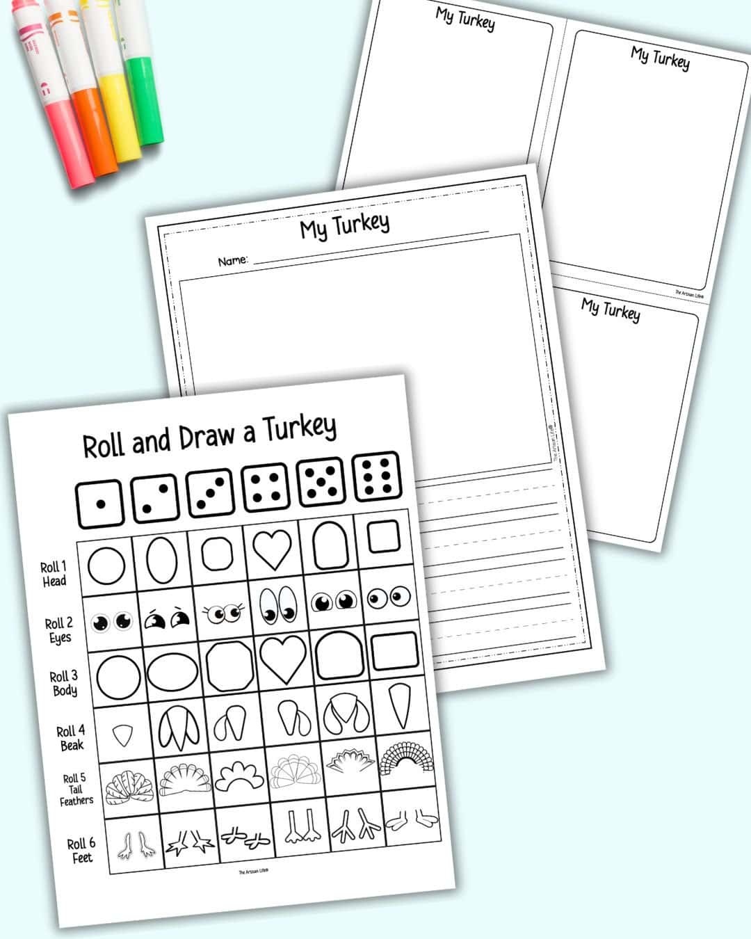 Three roll and draw a turkey printables. One has game instructions, another has space to draw a turkey with writing lines, and the last has four places to draw a turkey