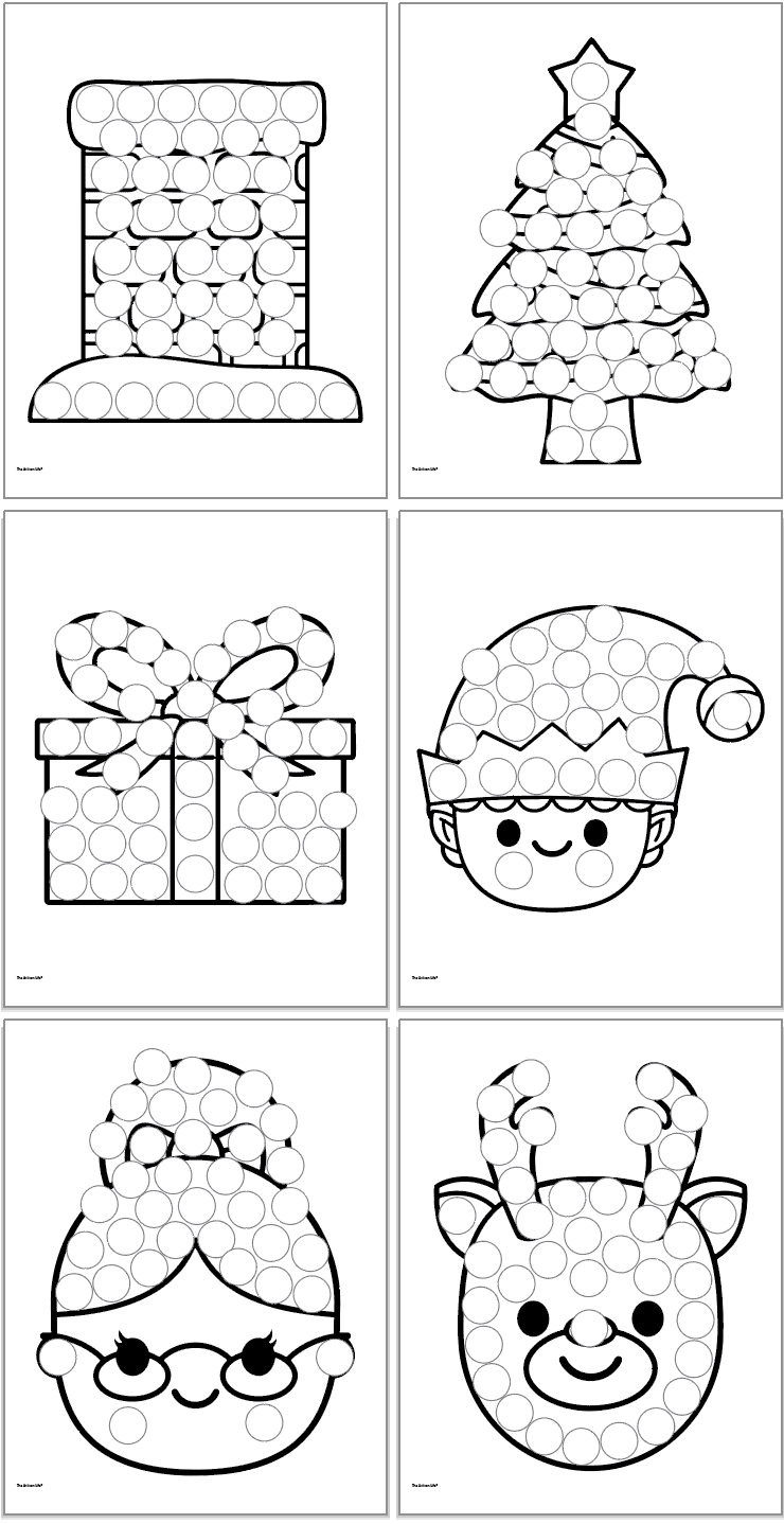 A preview of six Christmas themed dot marker coloring pages for Christmas Eve