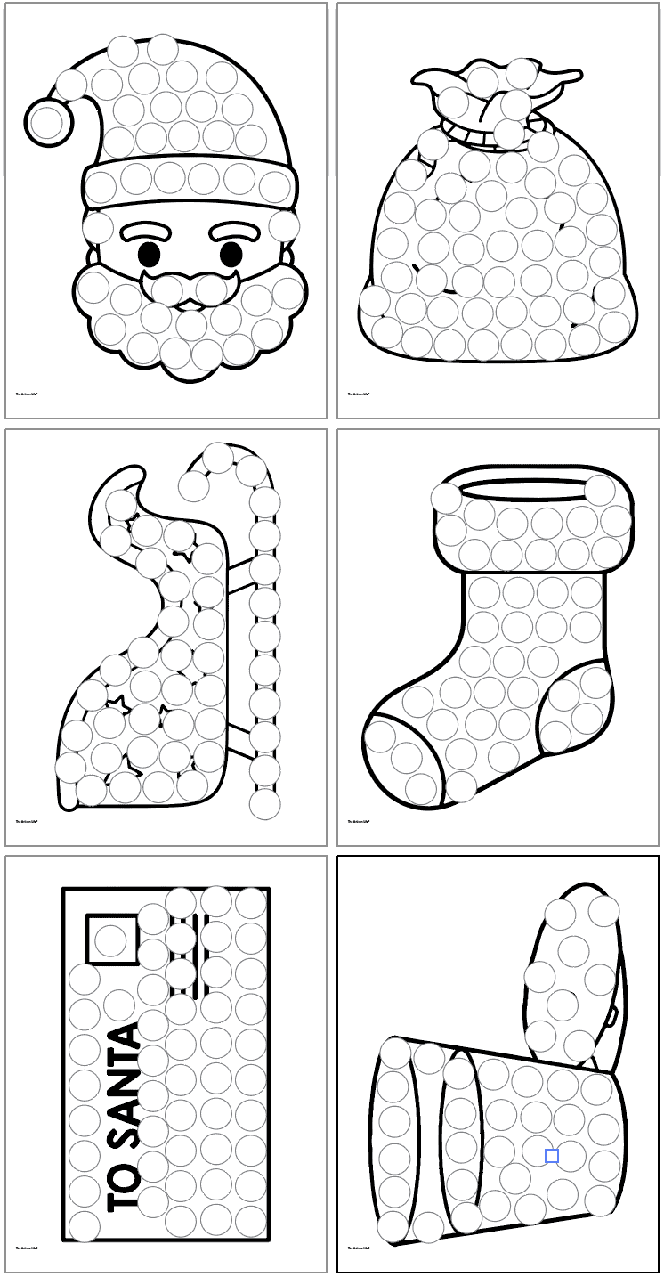 Six Christmas themed dot painting pages including a stocking, letter to Santa, milk and cookies, a sleigh, Santa's sack, and Santa