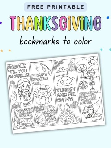 Text "free printable Thanksgiving bookmarks to color" with a preview of a page with four cute Thanksgiving bookmark coloring pages