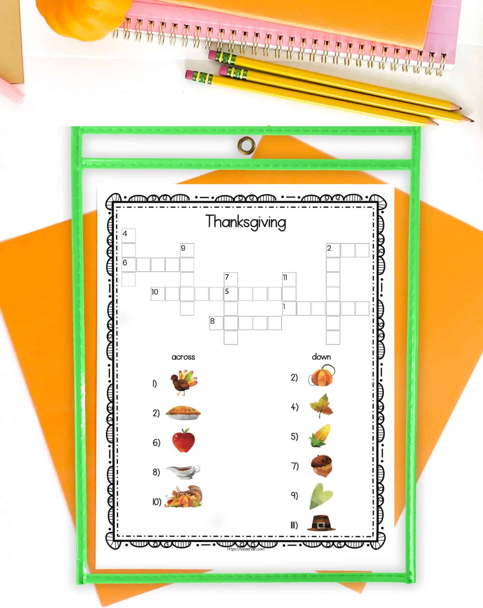 A Thanksgiving picture crossword puzzle for kids in a dry erase pocket