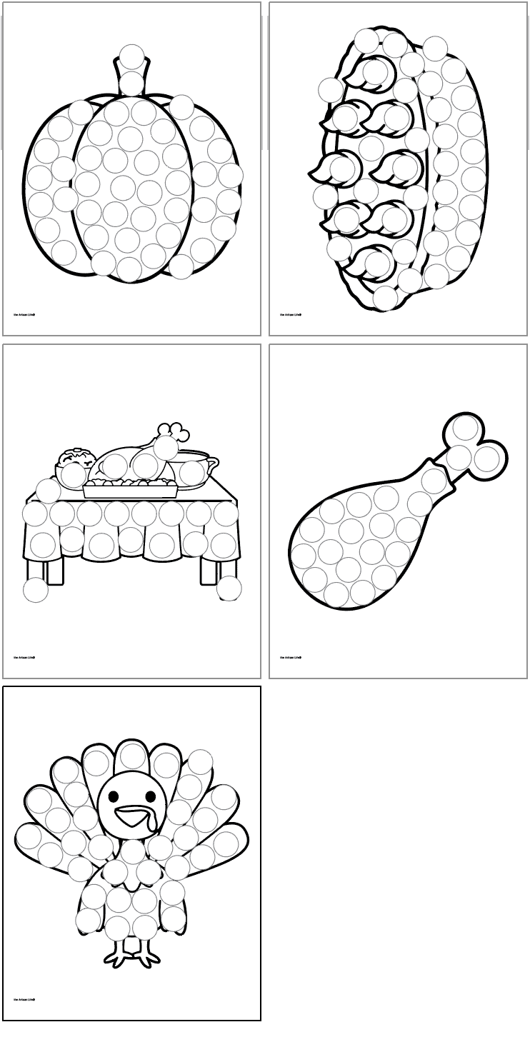 Five Thanksgiving dot marker pages including a pumpkin, pumpkin pie, a table, a turkey leg, and a turkey