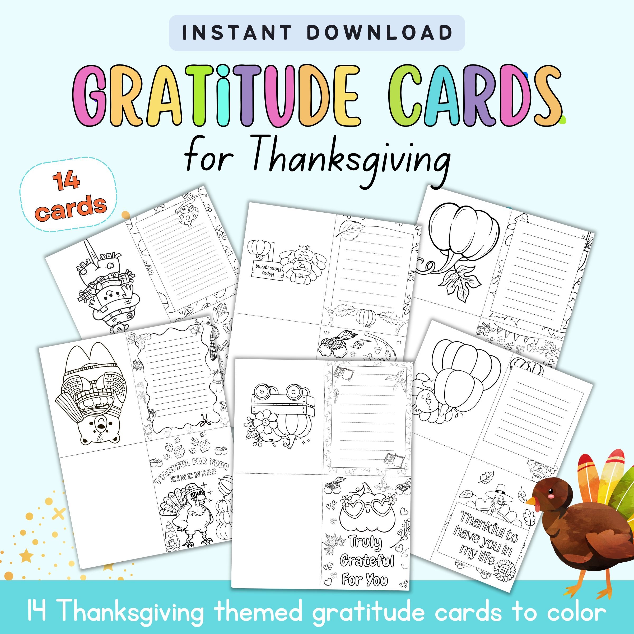 Text "instant download gratitude cards for Thanksgiving - 14 cards"