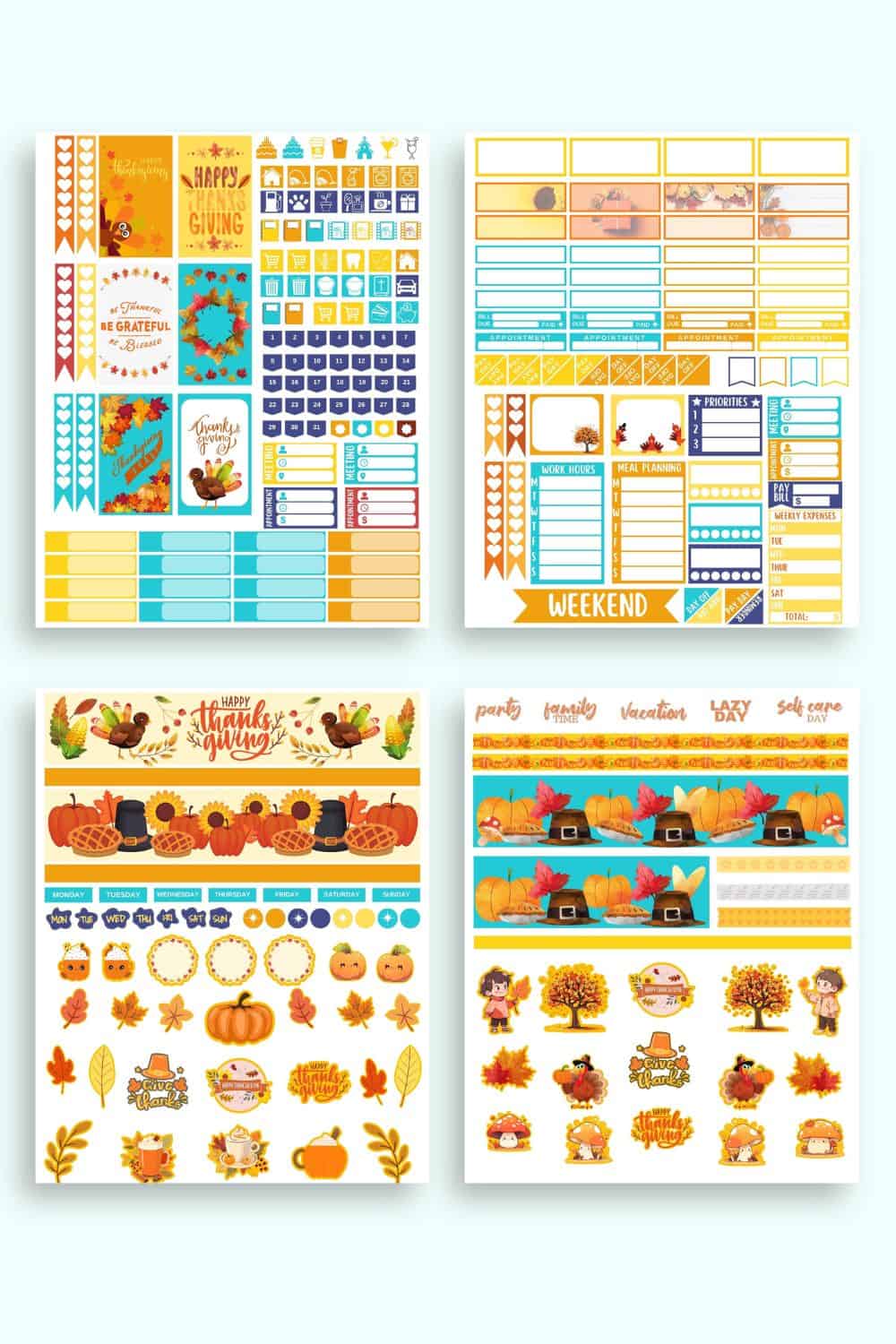 Four sheets of printable Thanksgiving planners tickers with an orange, yellow, and teal theme.