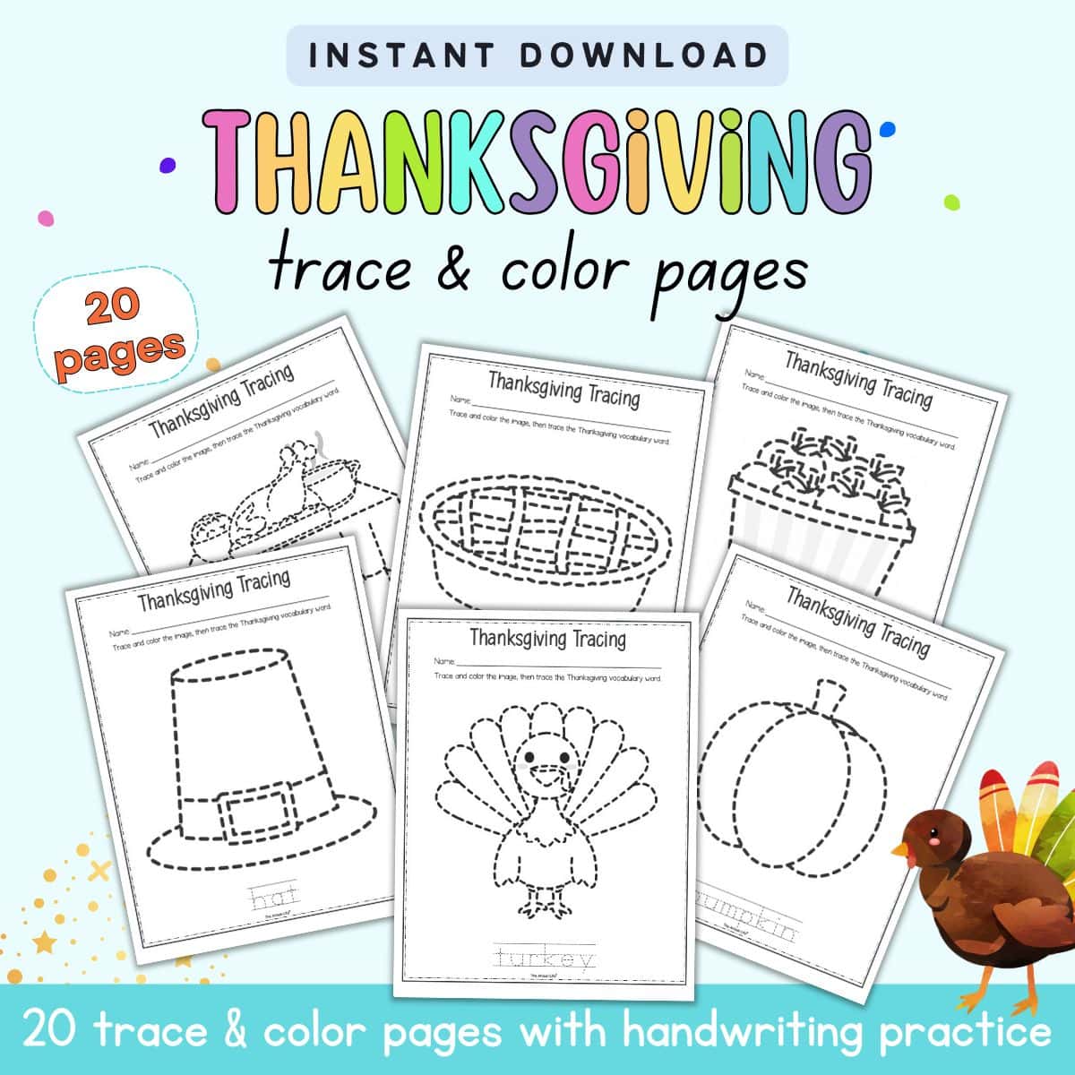 Text "instant download Thanksgiving trace and color pages - 20 pages" with a preview of six trace and color pages