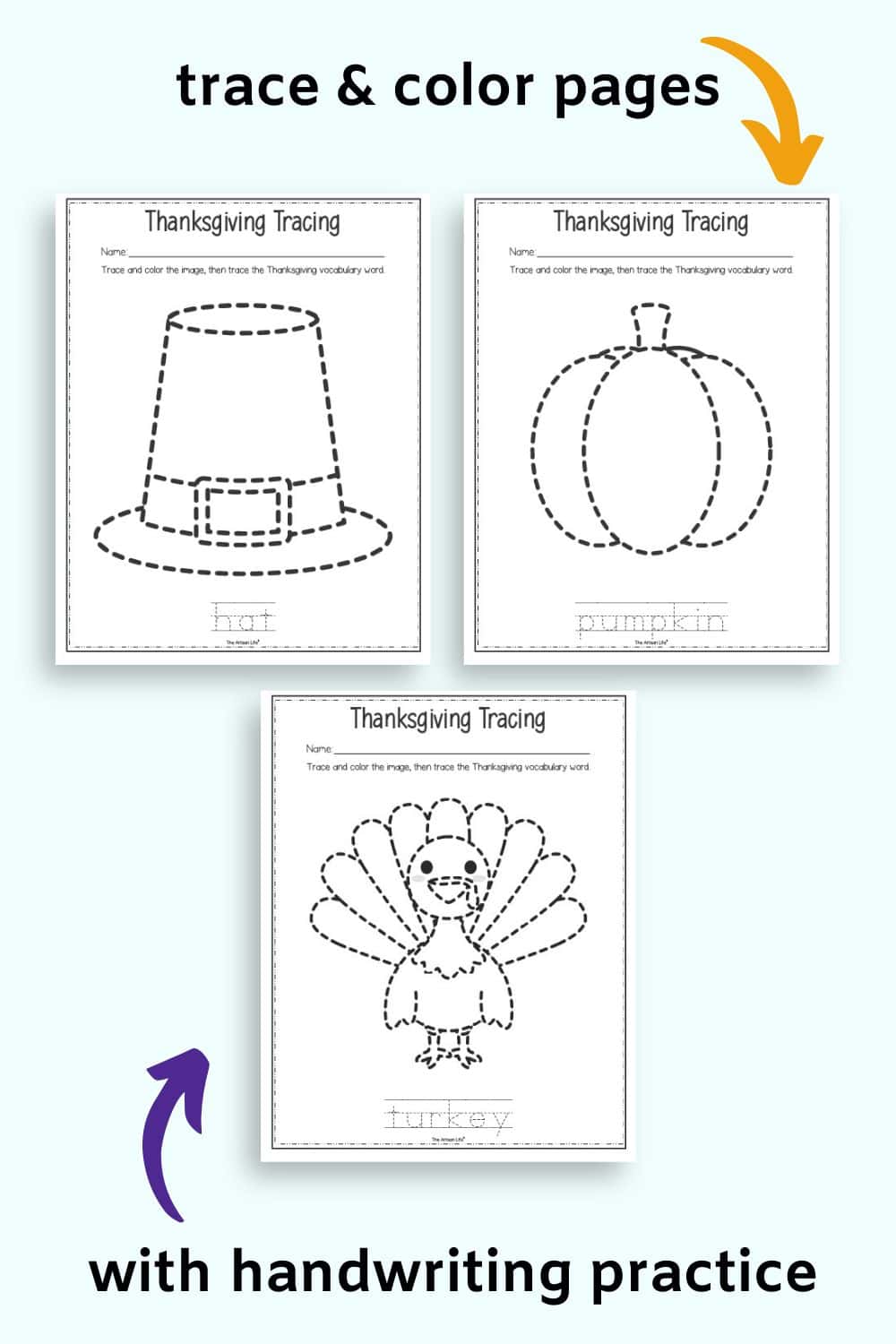 Three Thanksgiving trace and color pages with text "trace and color pages with handwriting practice" 