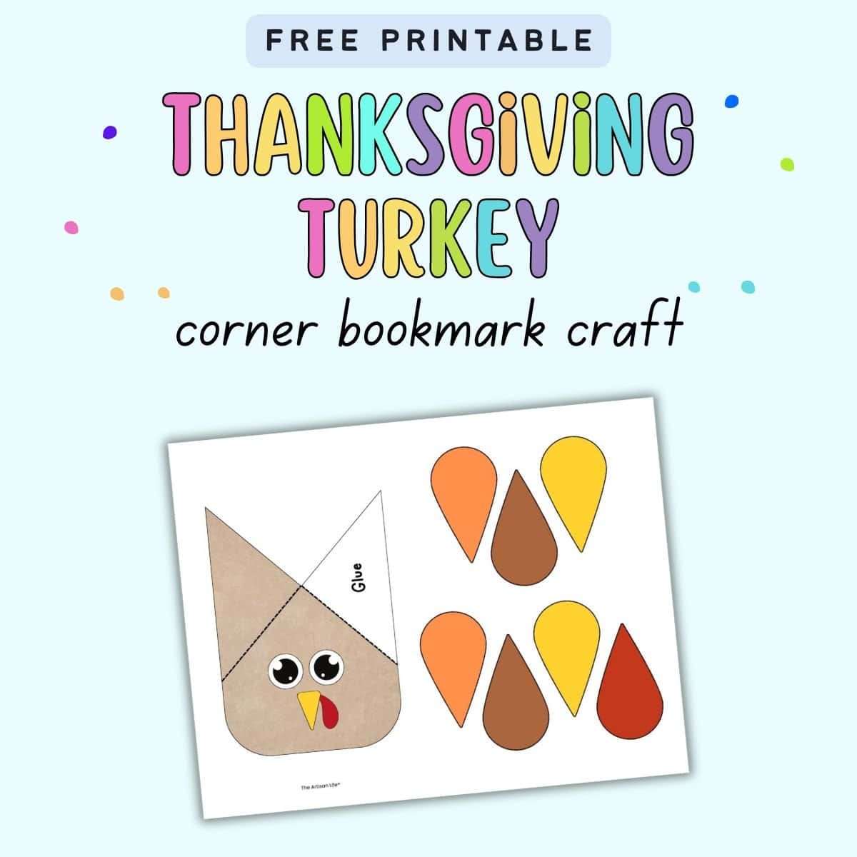 Text "free printable thanksgiving turkey corner bookmark craft" with a preview of a bookmark craft printable page