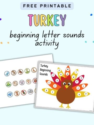 Text "free printable turkey beginning letter sounds activity" with a preview of two pages of beginning letter sound activity