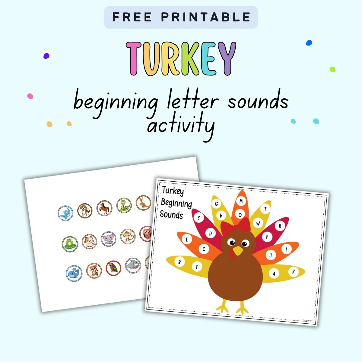 Text "free printable turkey beginning letter sounds activity" with a preview of two pages of beginning letter sound activity 