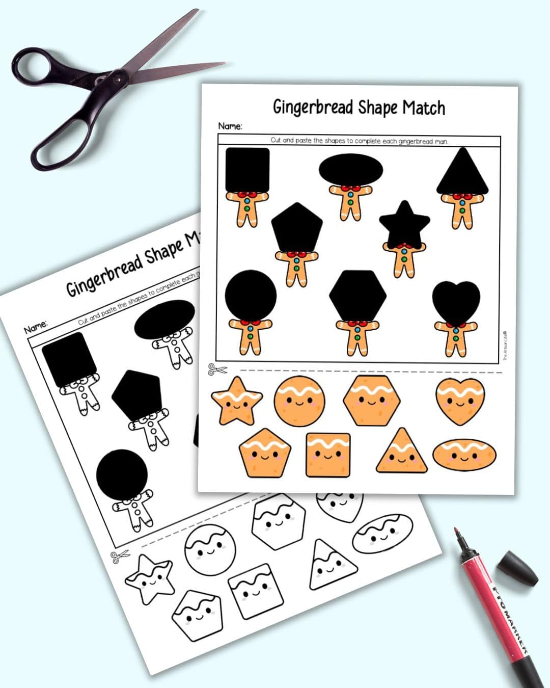 Two gingerbread man shape matching cut and paste worksheets. One is color and the other is black and white