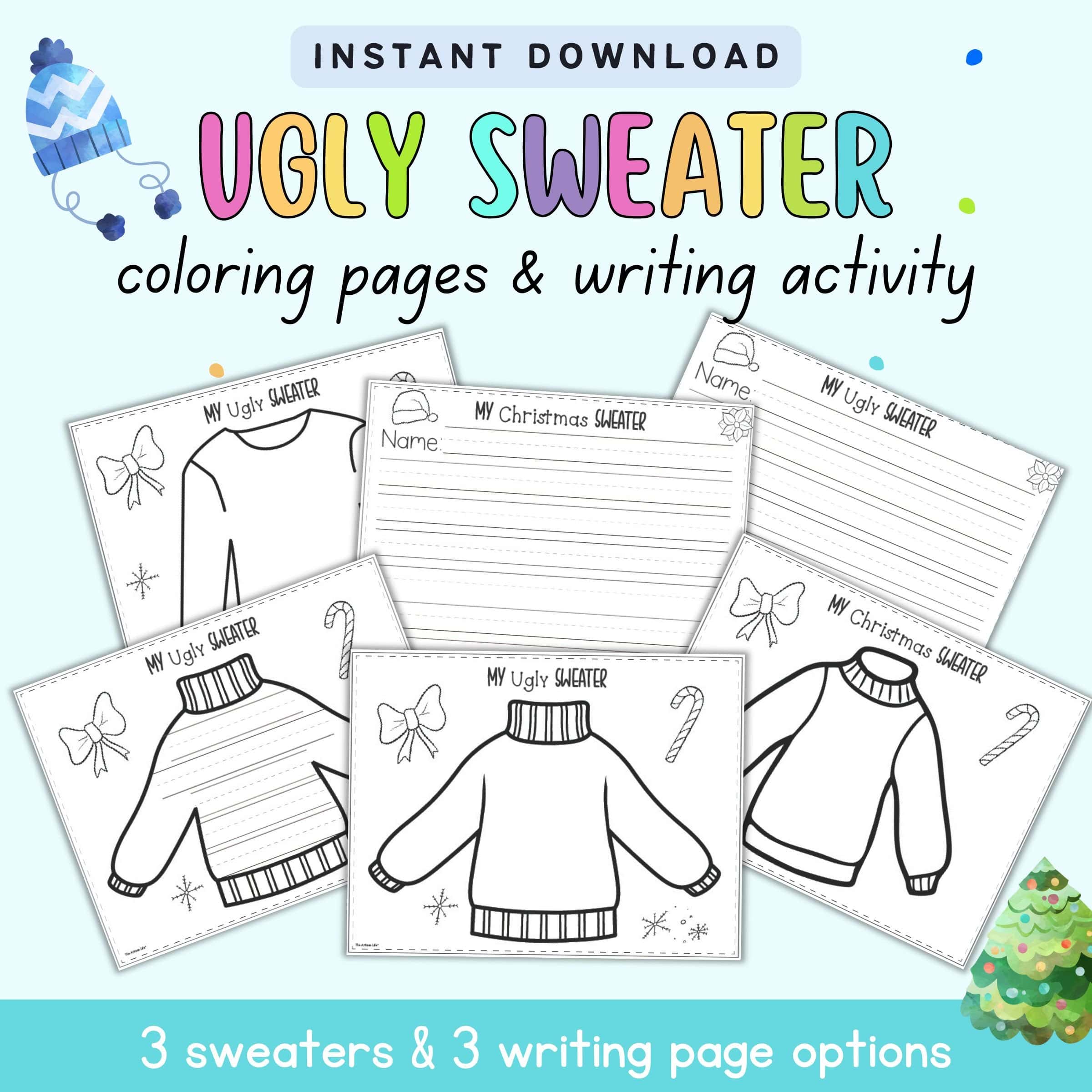 text "instant download ugly sweater coloring pages and wiring activity" with a preview of six printable pages