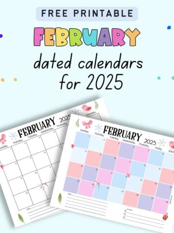 text "free printable February dated calendars for 2025" with a preview of two printable calendar pages that are dated for February 2025