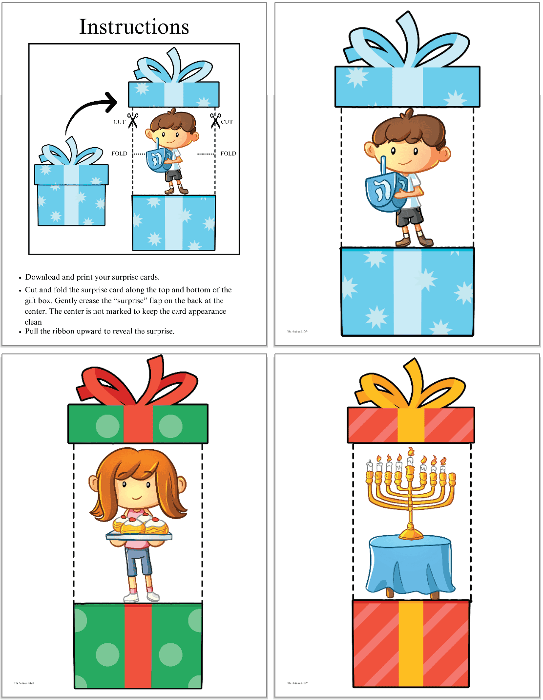 A preview of three Hanukkah surprise card printables and a page of instruction