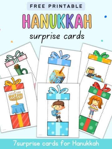 text "free printable Hanukkah surprise cards - 7 surprise cards for Hanukkah" with images of six Hanukkah cards