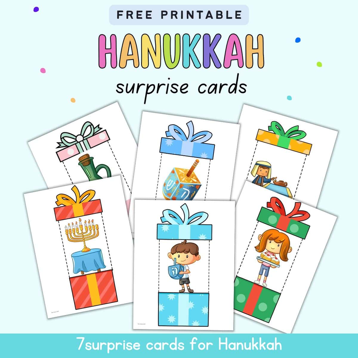 text "free printable Hanukkah surprise cards - 7 surprise cards for Hanukkah" with images of six Hanukkah cards