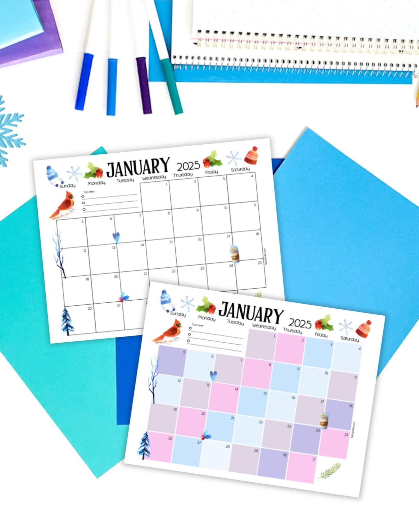 two dated January 2025 calendar pages on a table with winter themed stationary