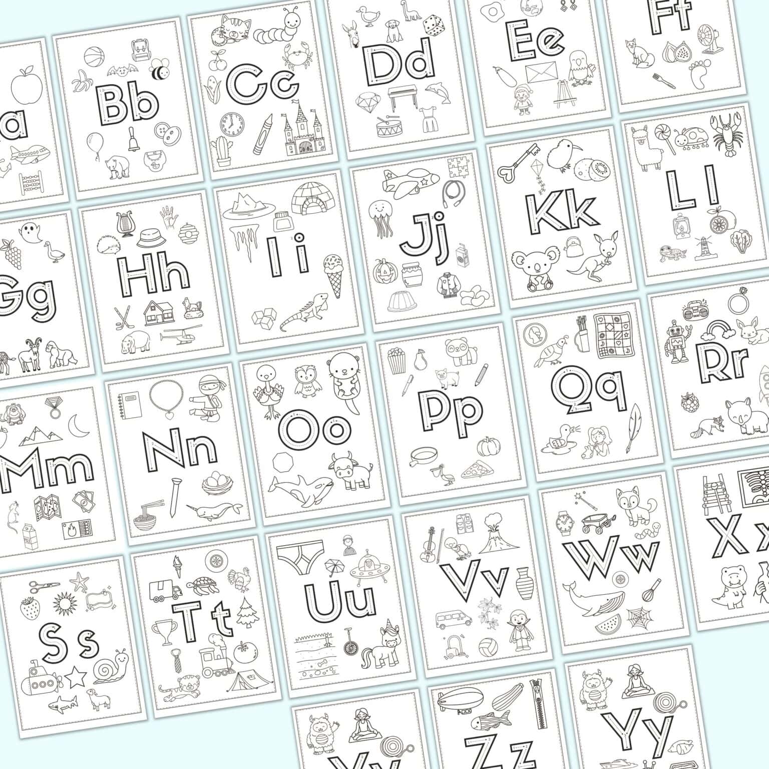26 alphabet coloring page with one page for every letter of the alphabet.