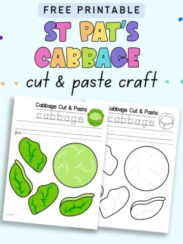 Text "free printable St Pat's Cabbage cut and paste craft" with a preview of a colored and black and white cabbage cut and paste craft