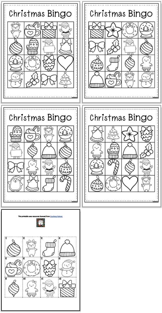 Four black and white Christms picture bingo cards with a page of calling cards