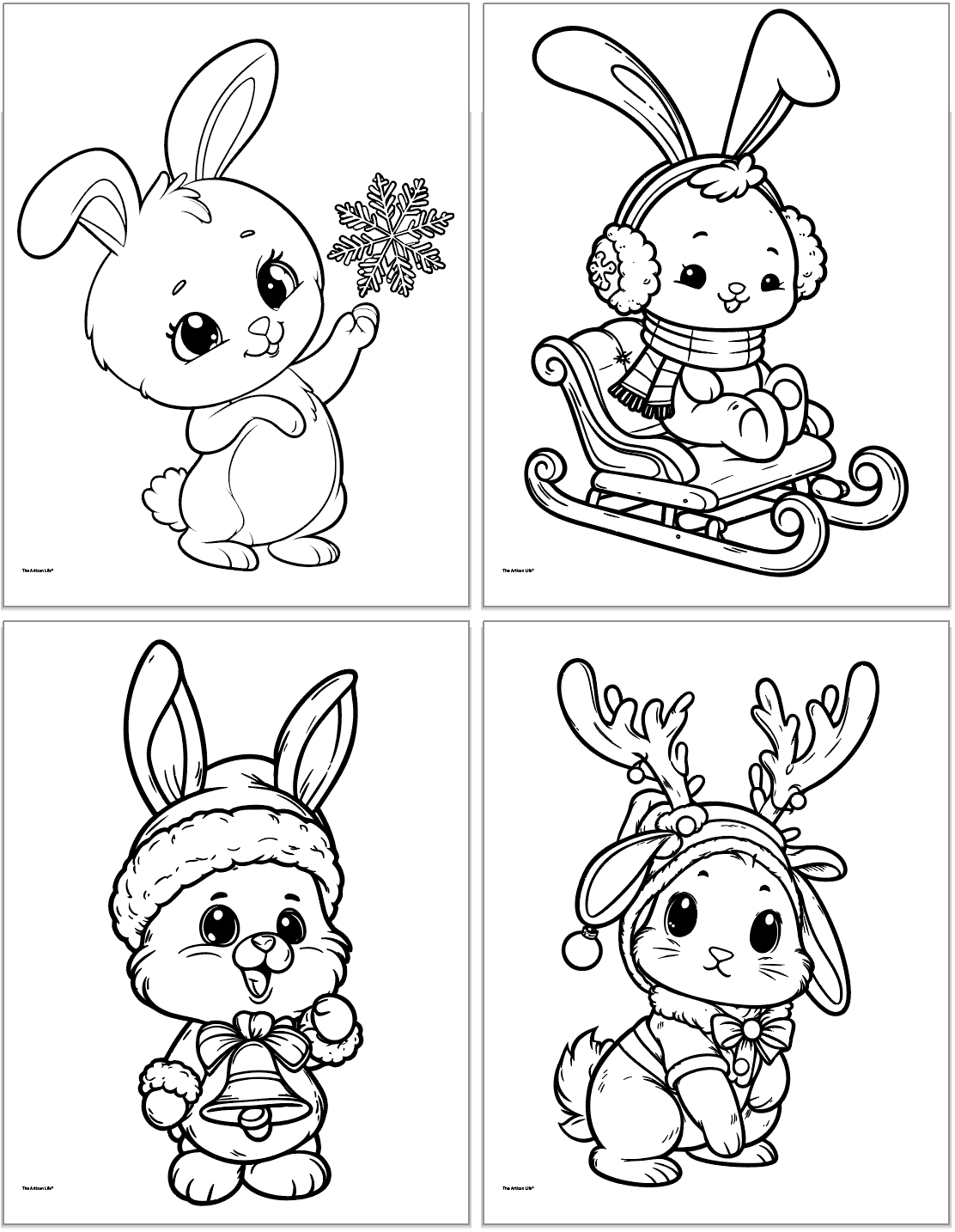 four cute christmas bunny coloring pages including a bunny with a snowflake, a bunny on a sled, a bunny with a bell, and a bunny with antlers